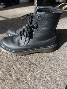 Dr. Martens Black Leather Lace-Up Combat Boots with Yellow Stitching